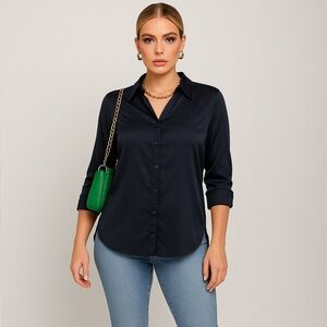 Express Button Down Blouse with Side Slits Satin-Like in Midnight Blue, Medium